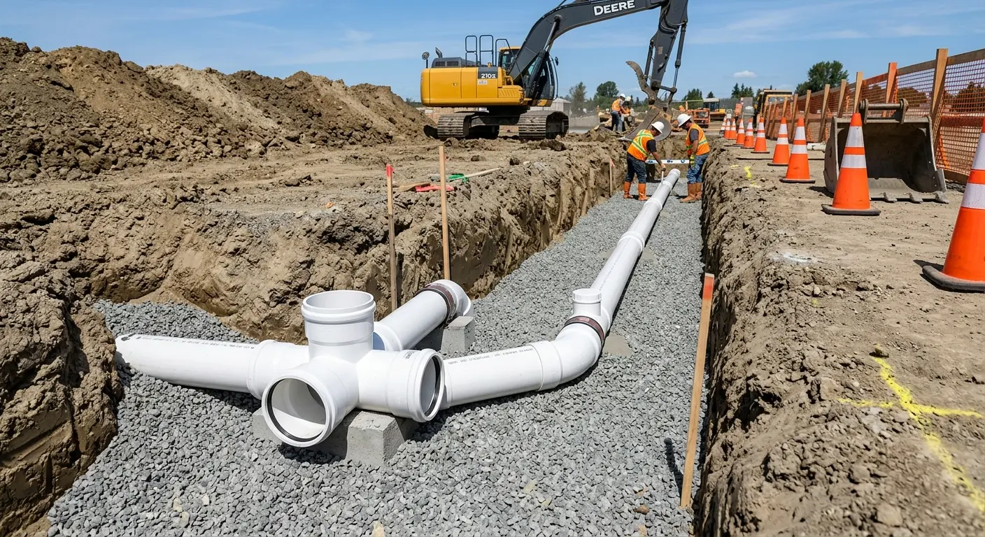 New PVC sewer pipe installation in open trench for Sewer Backup in Steele Creek