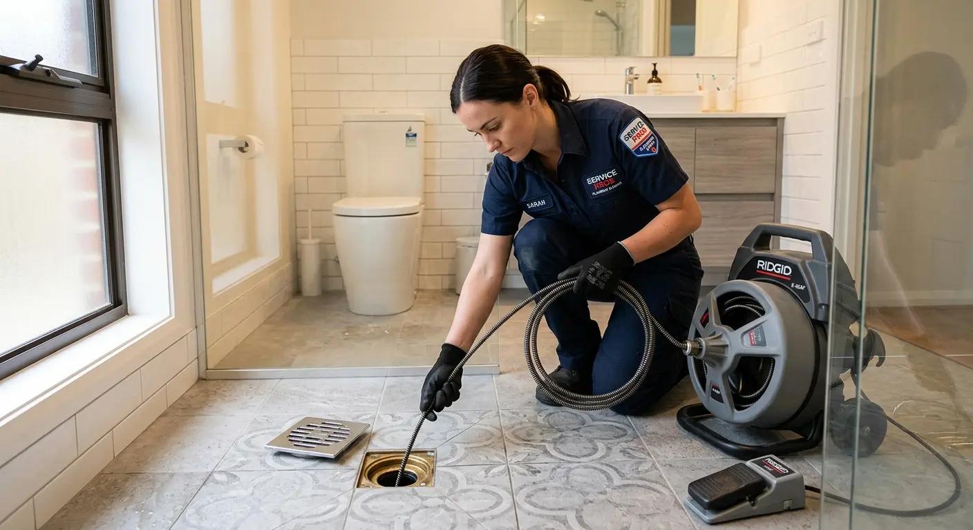 Technician clearing a bathroom floor drain for Drain Cleaning in Steele Creek